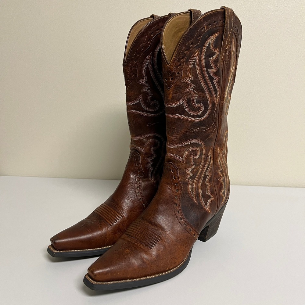 Ariat Heritage Brown Leather Western Cowboy Boots X-Toe Womens 8B Embroidered